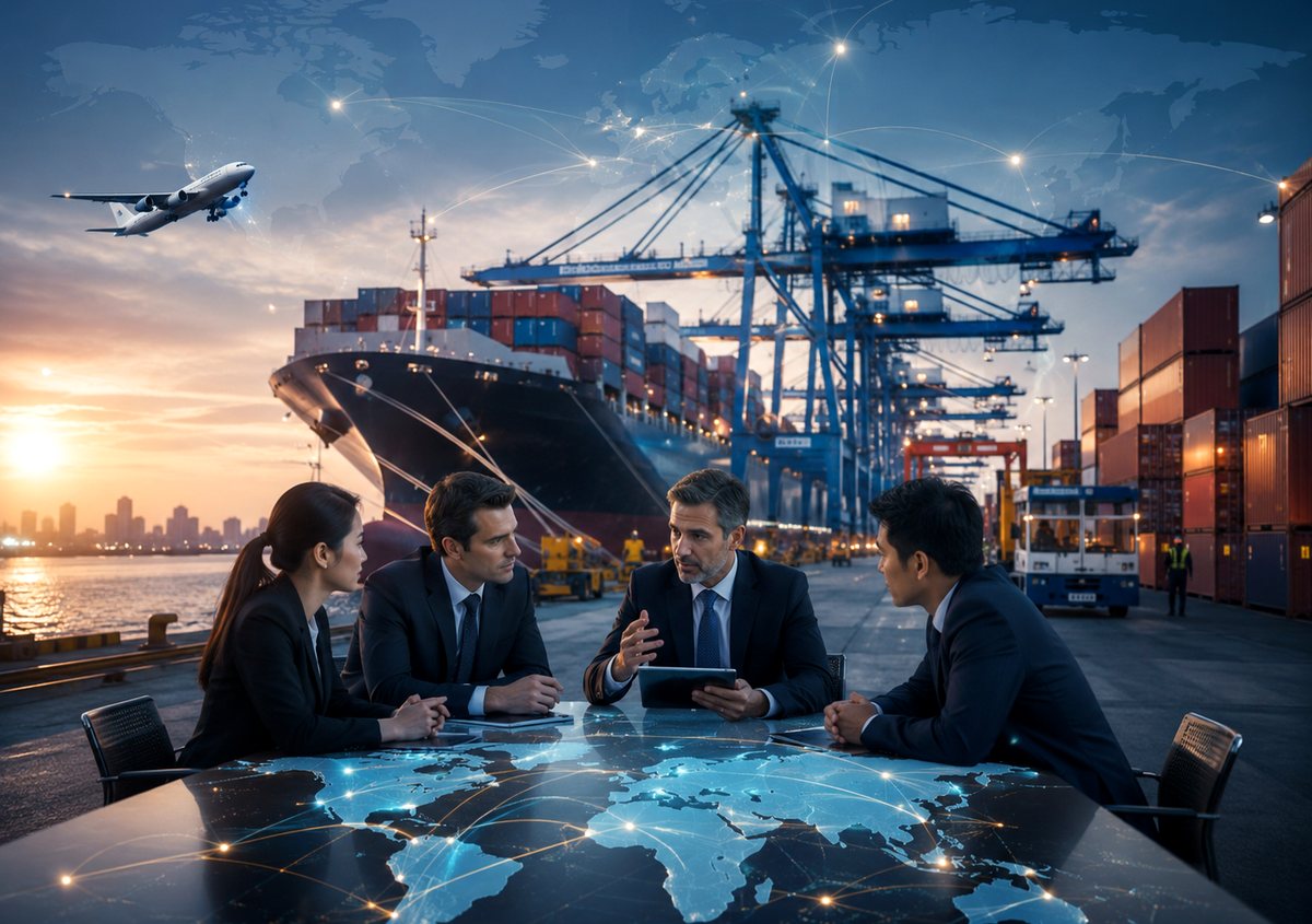 International trade participants connected through one commercial network