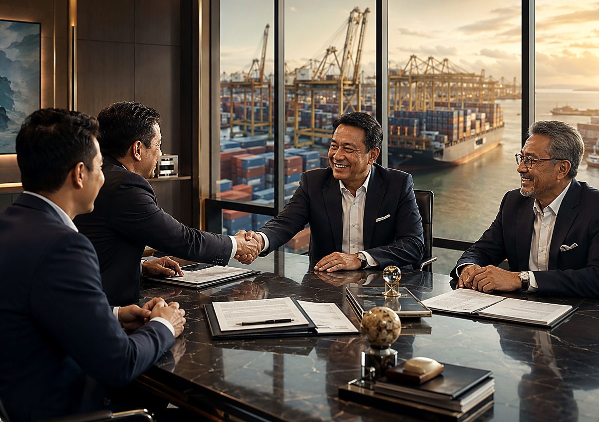 Business leaders completing an international supply contract